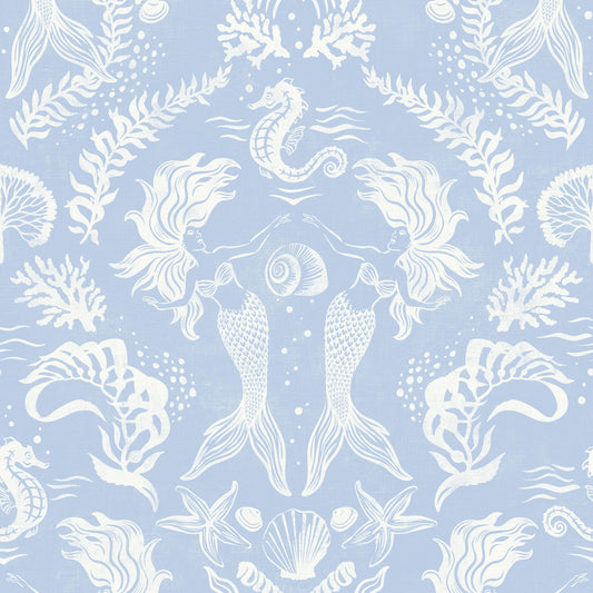 A stunning Dreamy Mermaid wallpaper in a soft coastal blue color palette with seahorses, kelp, coral and shells, and subtle textural luxuriousness.