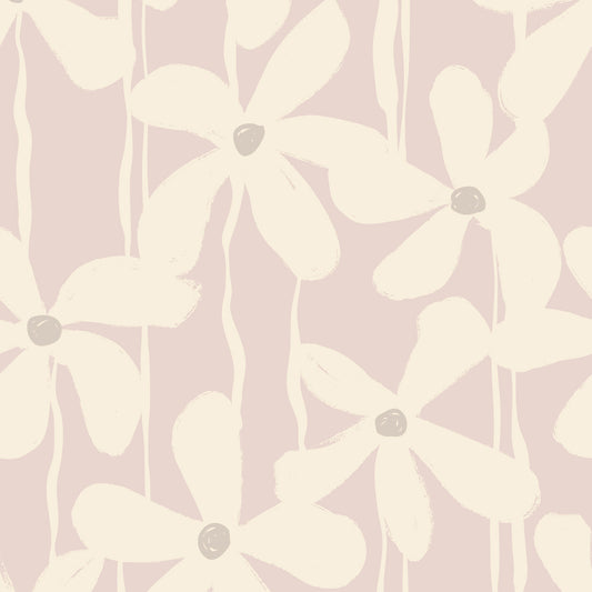 Close-up of a large-scale, graphic floral wallpaper created with expressive paint brushstrokes and inky lines on a soft pink background. A modern floral wallpaper.