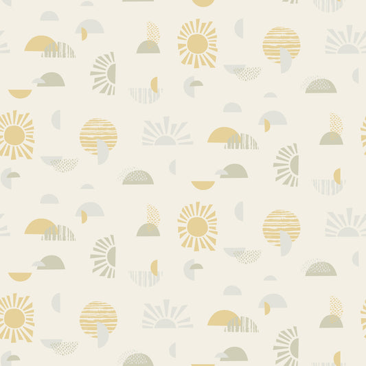 Pattern of geometric shapes including suns, circles, and crescents on a creamy off-white background make a mid-century modern wallpaper.