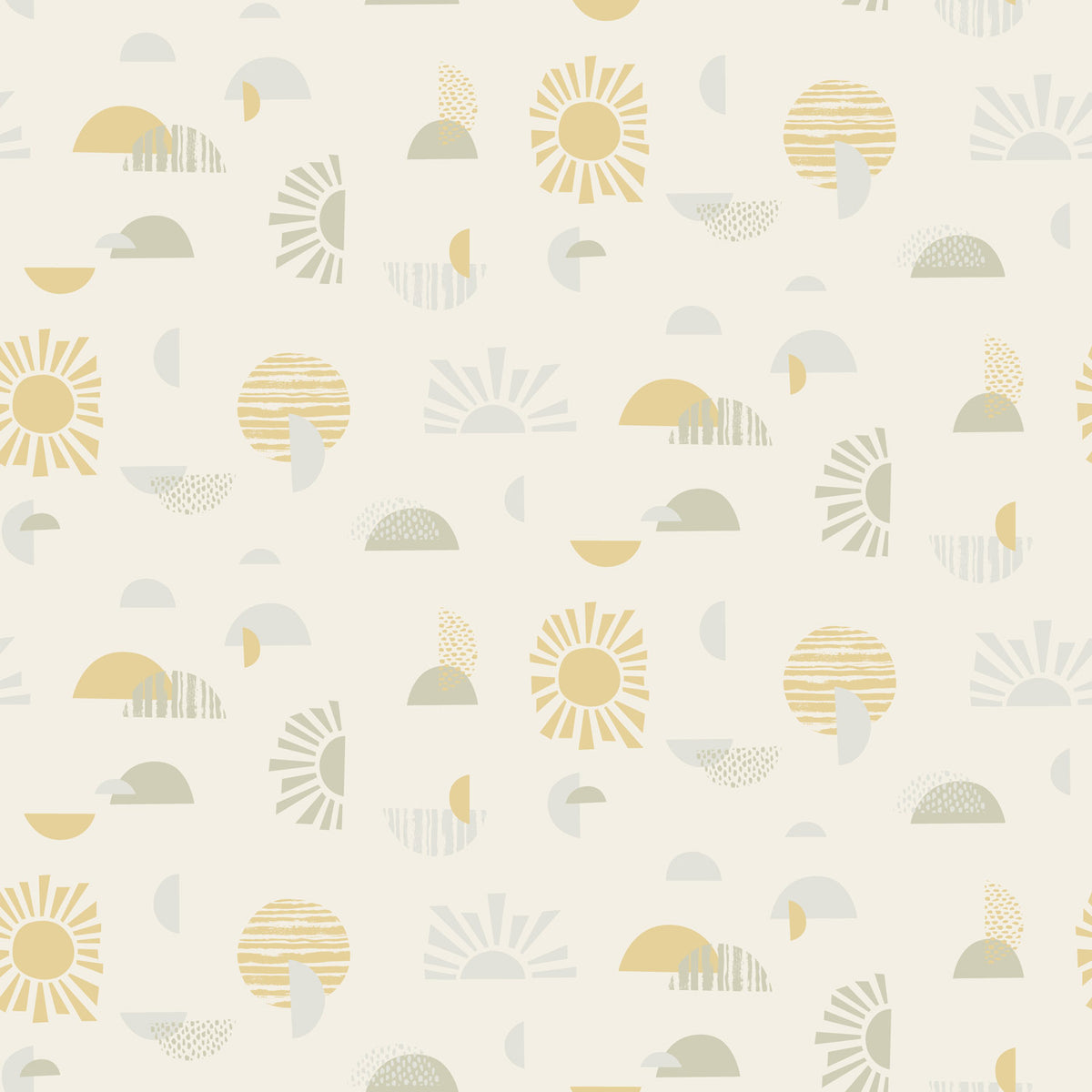 Pattern of geometric shapes including suns, circles, and crescents on a creamy off-white background make a mid-century modern wallpaper.