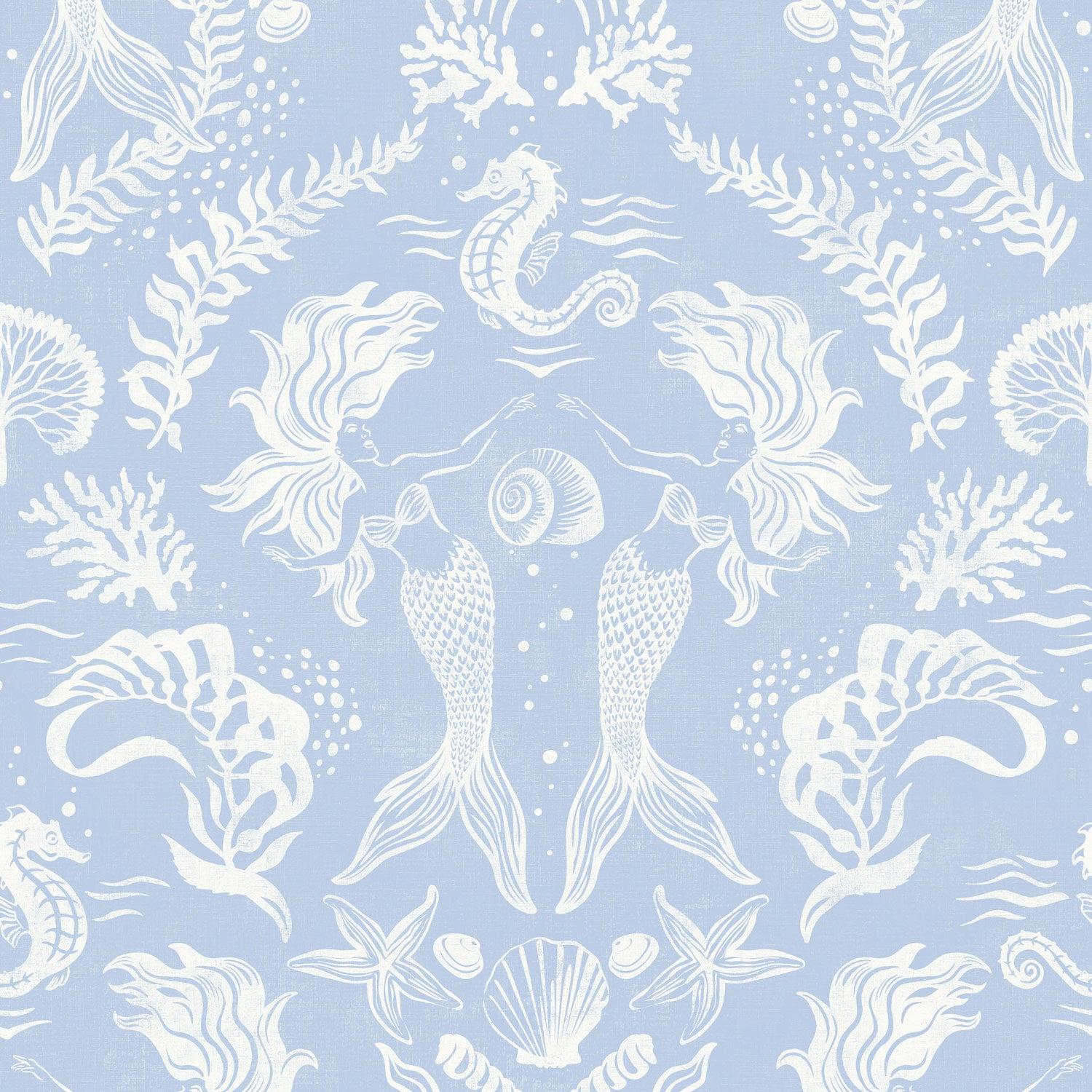 A stunning Dreamy Mermaid wallpaper in a soft coastal blue color palette with seahorses, kelp, coral and shells, and subtle textural luxuriousness.