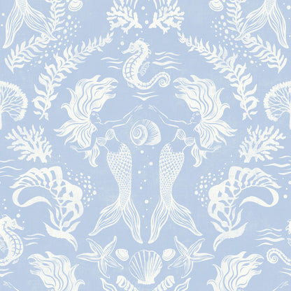 A stunning Dreamy Mermaid wallpaper in a soft coastal blue color palette with seahorses, kelp, coral and shells, and subtle textural luxuriousness.