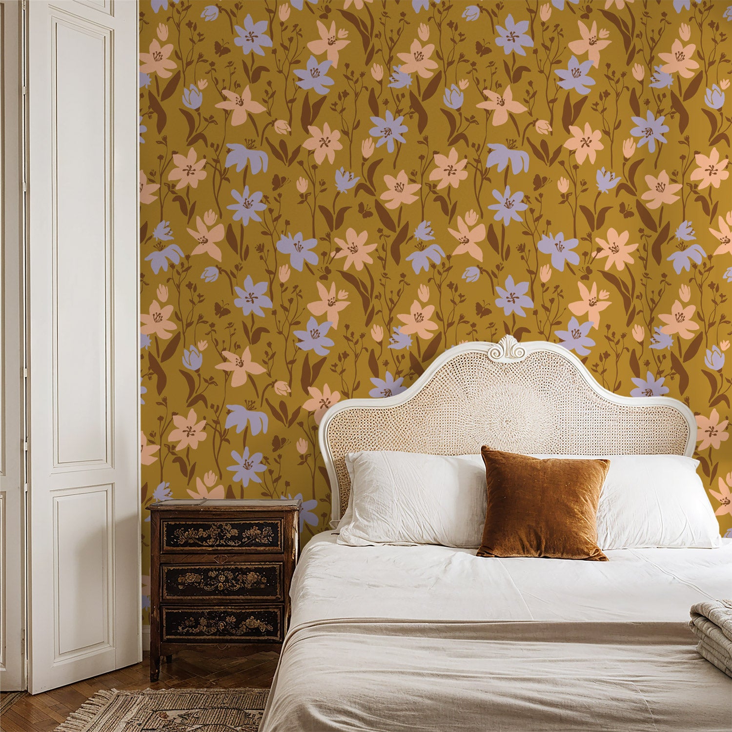 Bedroom with floral wallpaper and wooden nightstand