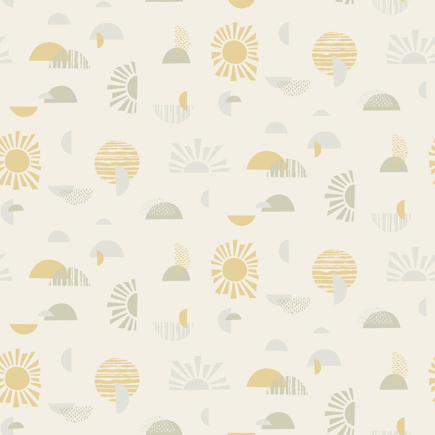 Pattern of geometric shapes including suns, circles, and crescents on a creamy off-white background make a mid-century modern wallpaper.
