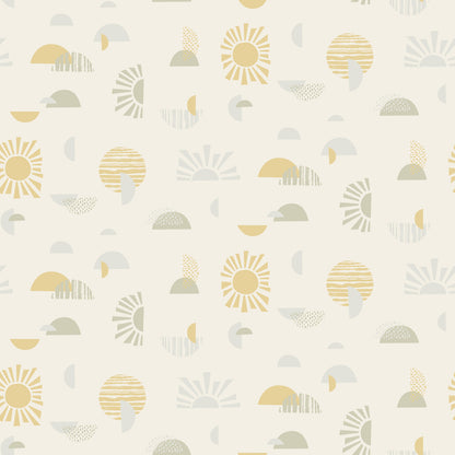 Pattern of geometric shapes including suns, circles, and crescents on a creamy off-white background make a mid-century modern wallpaper.
