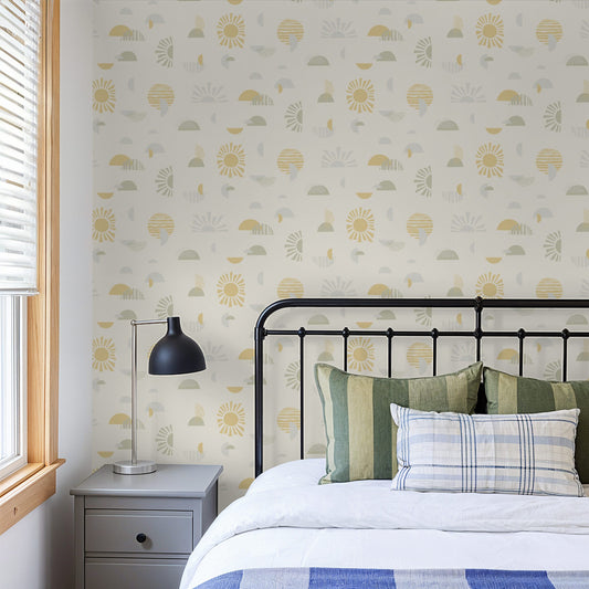 Mid-century, modern, sun-shapes and semicircles balance in perfect harmony on this designer wallpaper. soft yellows and greens on a creamy off-white background make it perfect for a bedroom wall.